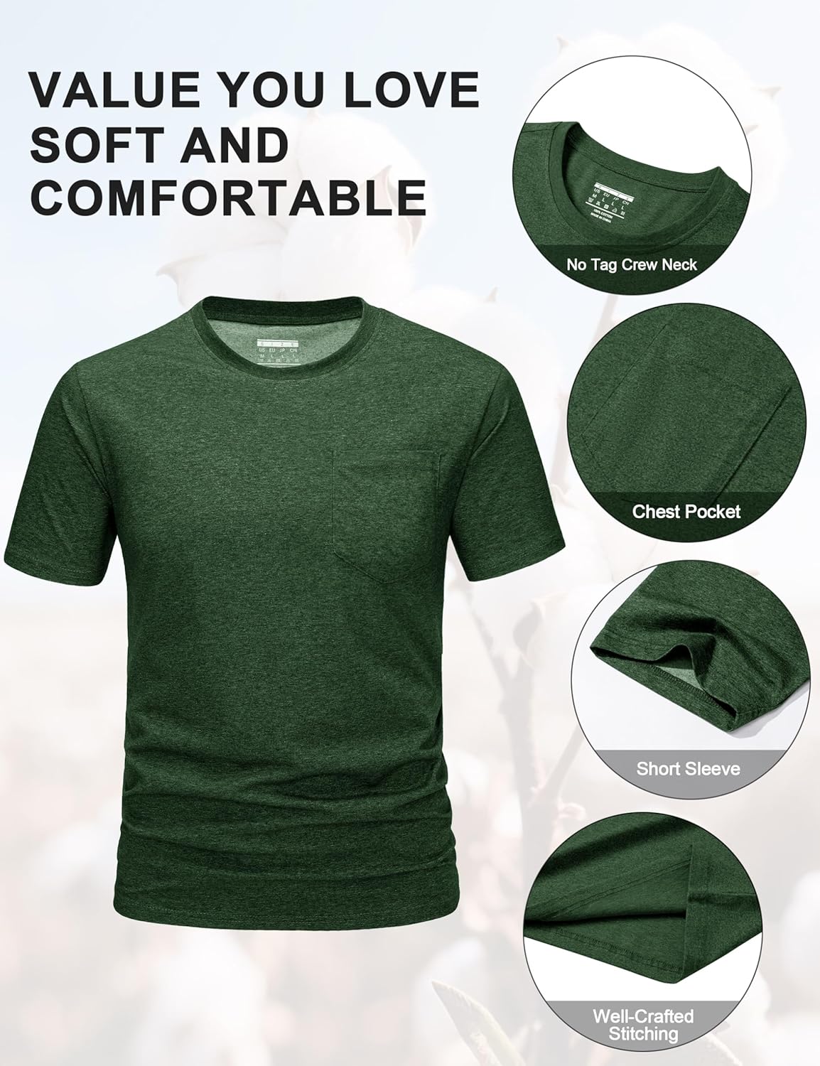 Cotrasen Men's T-Shirts Short Sleeve Cotton Pocket Tee Shirts Casual Crew Neck Tees Moisture Wicking Basic Summer Shirts - Image 5