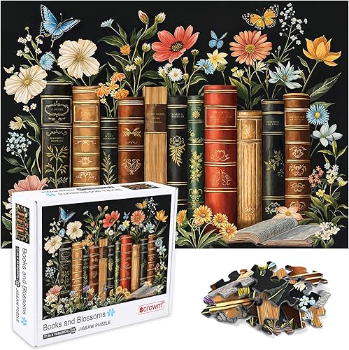 crowm Rompecabezas de 1000 piezas para adultos, rompecabezas de libros, páginas de flores silvestres para amantes de los libros y las flores,