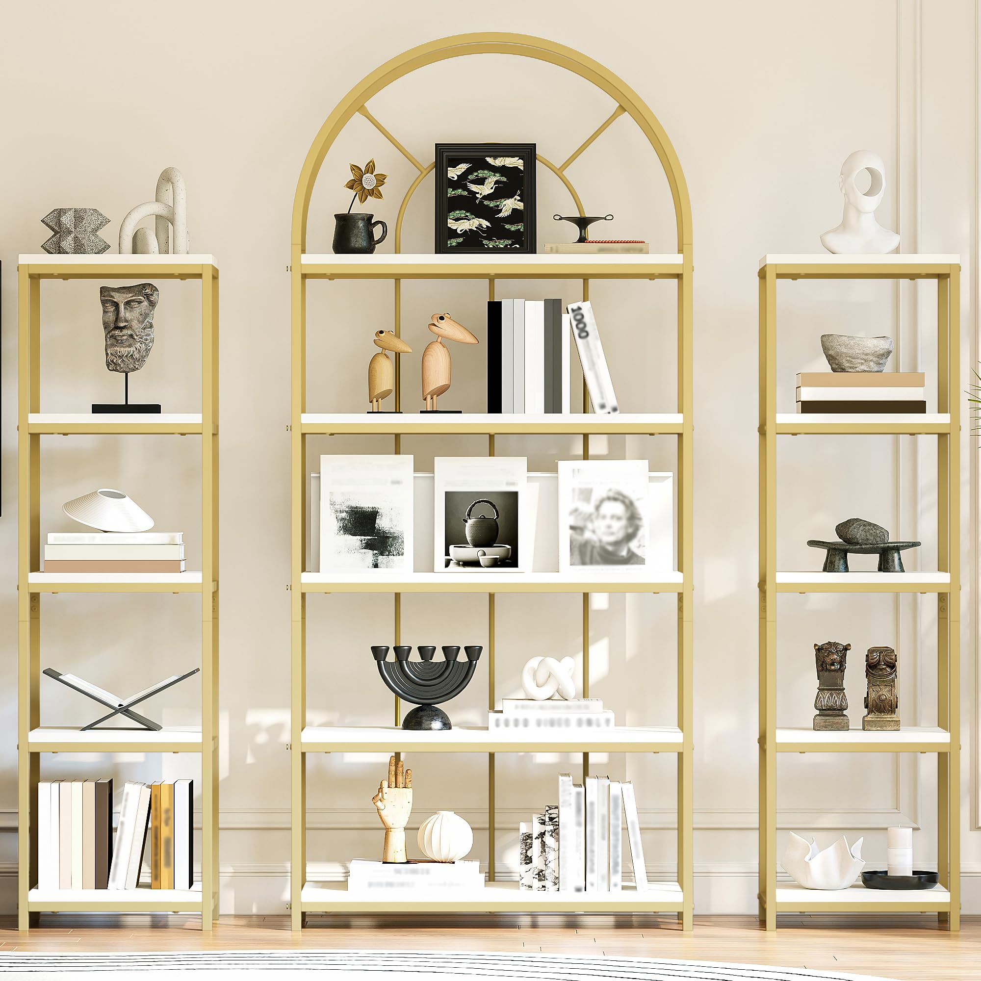 Juego de estanterías modulares, 163 x 30 x 184 cm, 3 piezas, marco de metal dorado, suelos de MDF blanco, diseño de arco, para salón, cocina, oficina