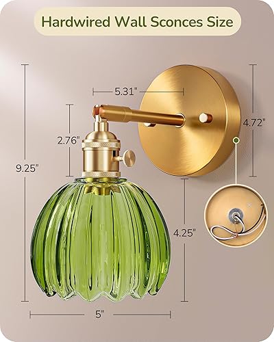 Miniatura 3 de EDISHINE Juego de dos apliques de pared, lámpara de pared vintage con pantalla de cristal de tulipán verde, 180 grados ajustable, cableado, lámpara