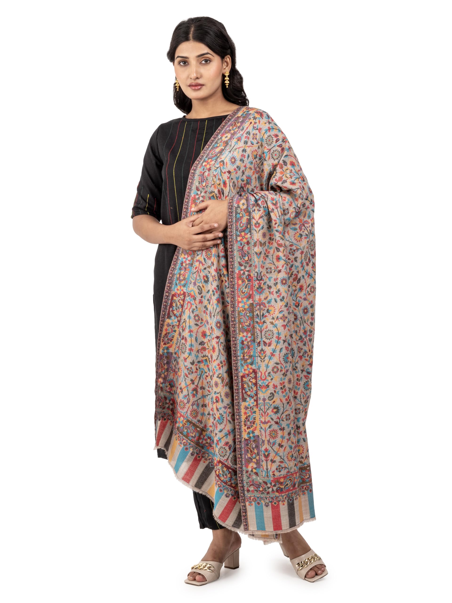 Women Ultra Soft Fine Wool Kani Shawl with Floral Artwork, Warm and Soft, 40x80 inch-image-26