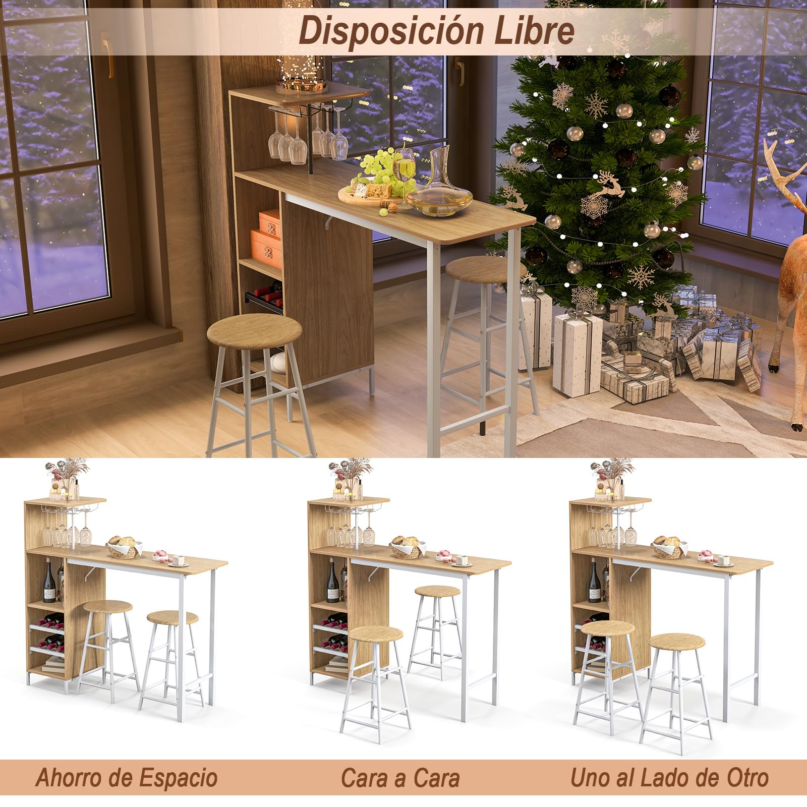 RELAX4LIFE Juego de Mesa Comedor de 3 Piezas, Mesa de Comedor con 2 Taburetes de Bar, 3 Estantes, Soportes para Copas y Portabotellas de 2 Niveles, Mesa Alta Cocina de MDF, 120x40x121,5cm (Natural)