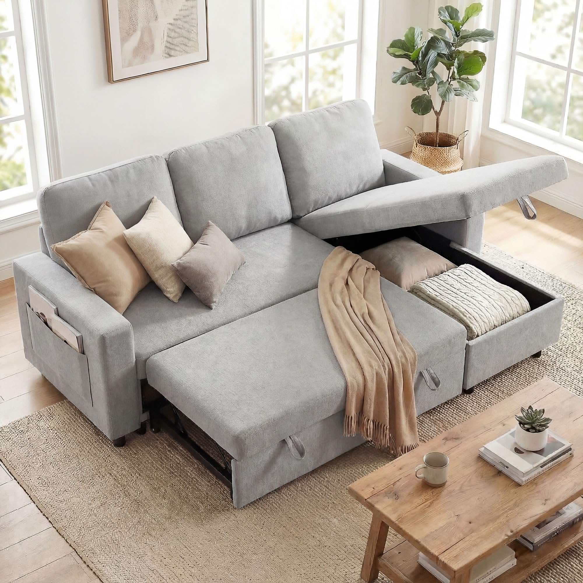 HOMCOM 3 Seater Sofa Bed - L Shaped - Pull Out - Grey - Convertible - Storage