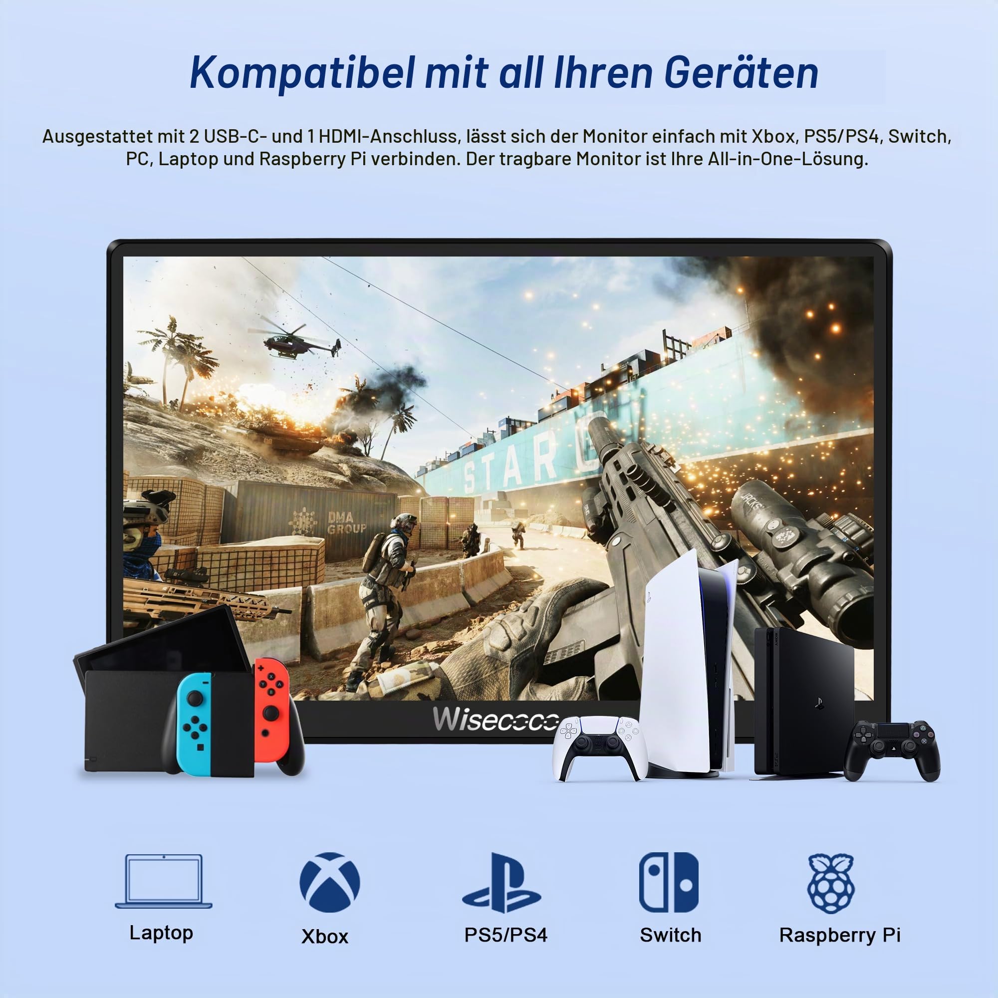 wisecoco 7 Zoll IPS Mini LCD Display 1080p 1920 x 1080 Pixel 120 Hz mit Touchscreen USB C und HDMI Anschluss ultradünn und leicht ideal für Gaming mit Switch PS5 Xbox Laptop PC und Raspberry Pi 5/4