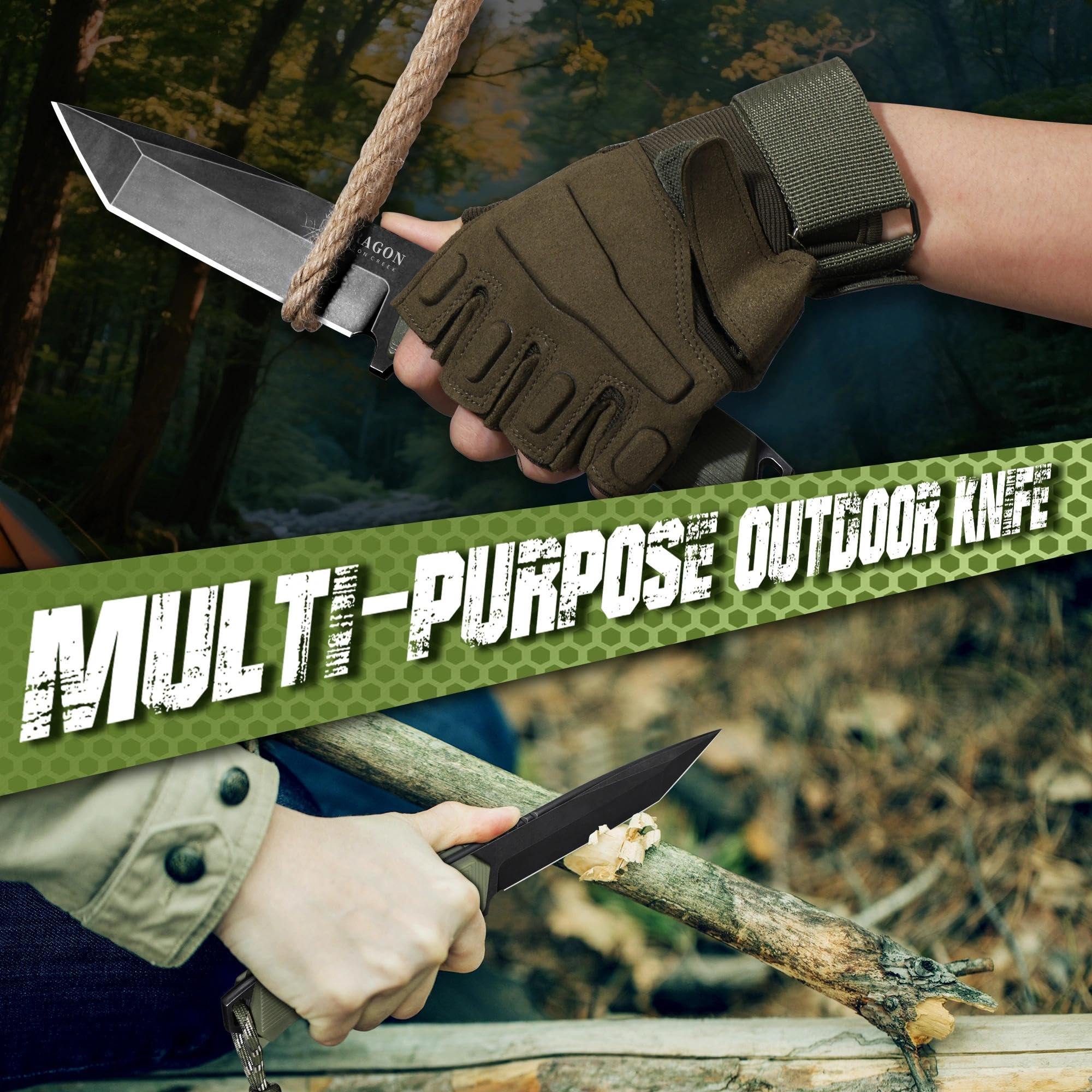 Dragon Creek Outdoor Messer feststehend-Tanto-Klinge,Ergonomischer Griff,Kydex-Scheide-Bushcraft Survival Einsatzmesser für Camping & Trekking(Grün)