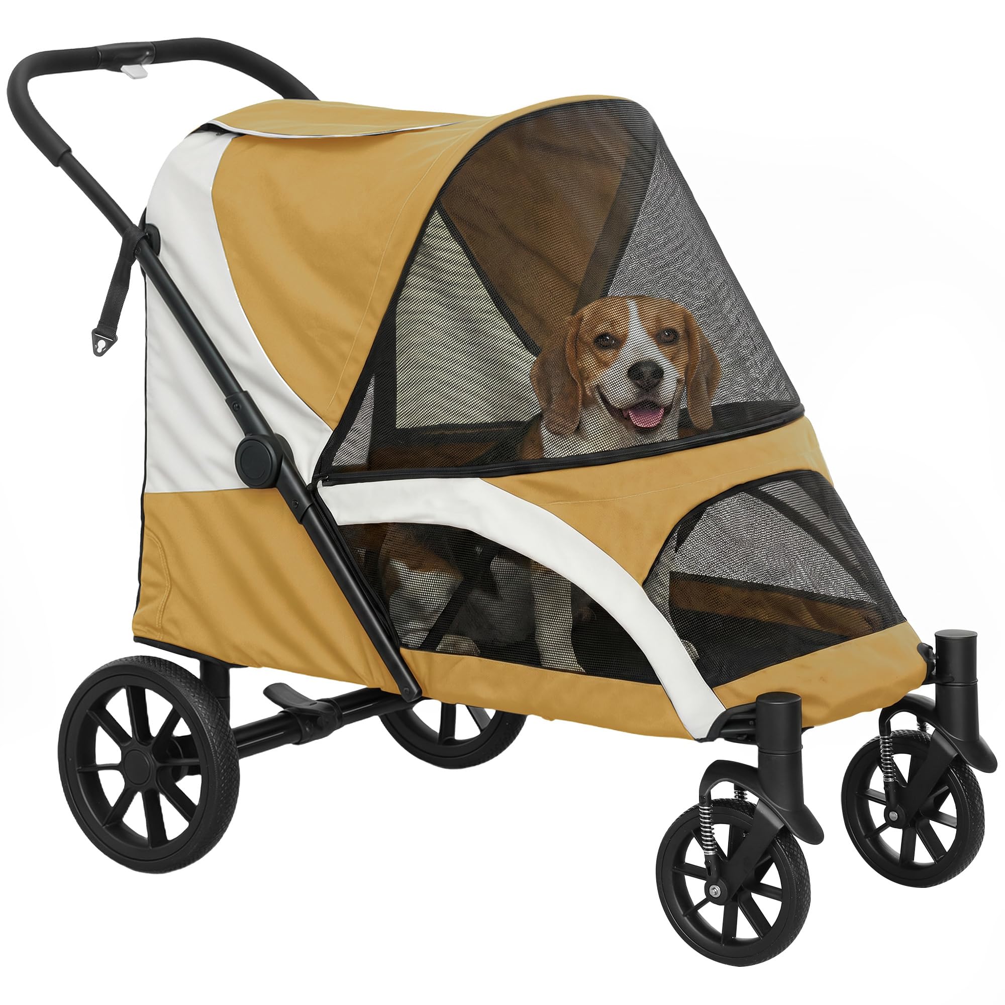 PawHut Poussette pliable pour grands chiens et chats jusqu'à 30 kg - Avec coussin, fenêtres en filet, portes, sac de rangement - Marron