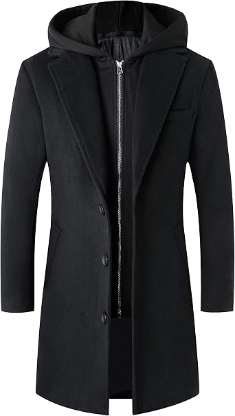 Lisskolo Mens Wool Blend Overcoat with Detachable Hooded Trench Coat Hip Length