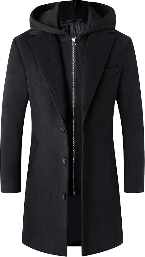 Lisskolo Men's Wool Blend Overcoat with Detachable Hooded Trench