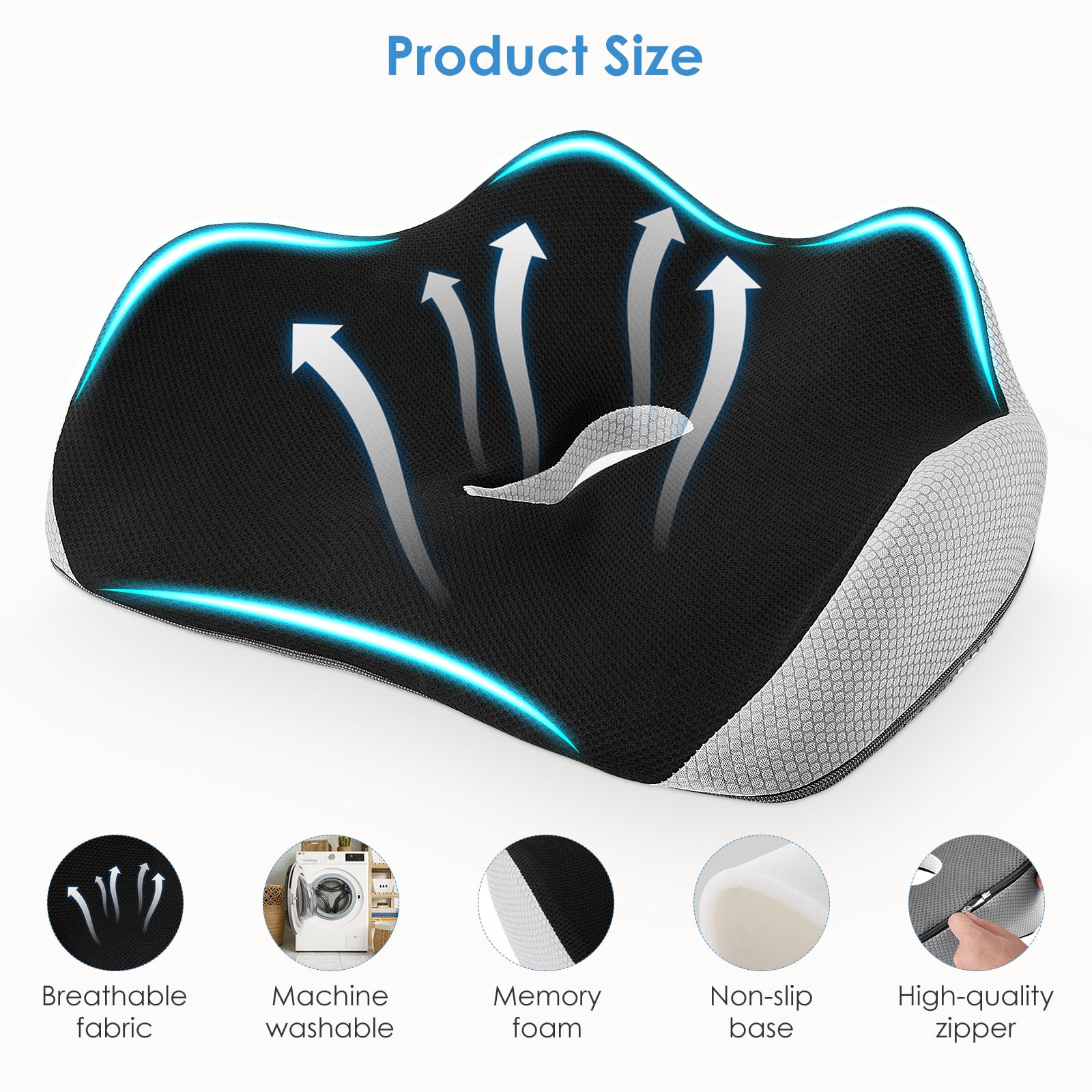 Cuscino ortopedico con memory foam, cuscino ergonomico per sedia da ufficio e auto – Cuscino coccige per alleviare la pressione, antiscivolo per ufficio, casa e auto (nero)