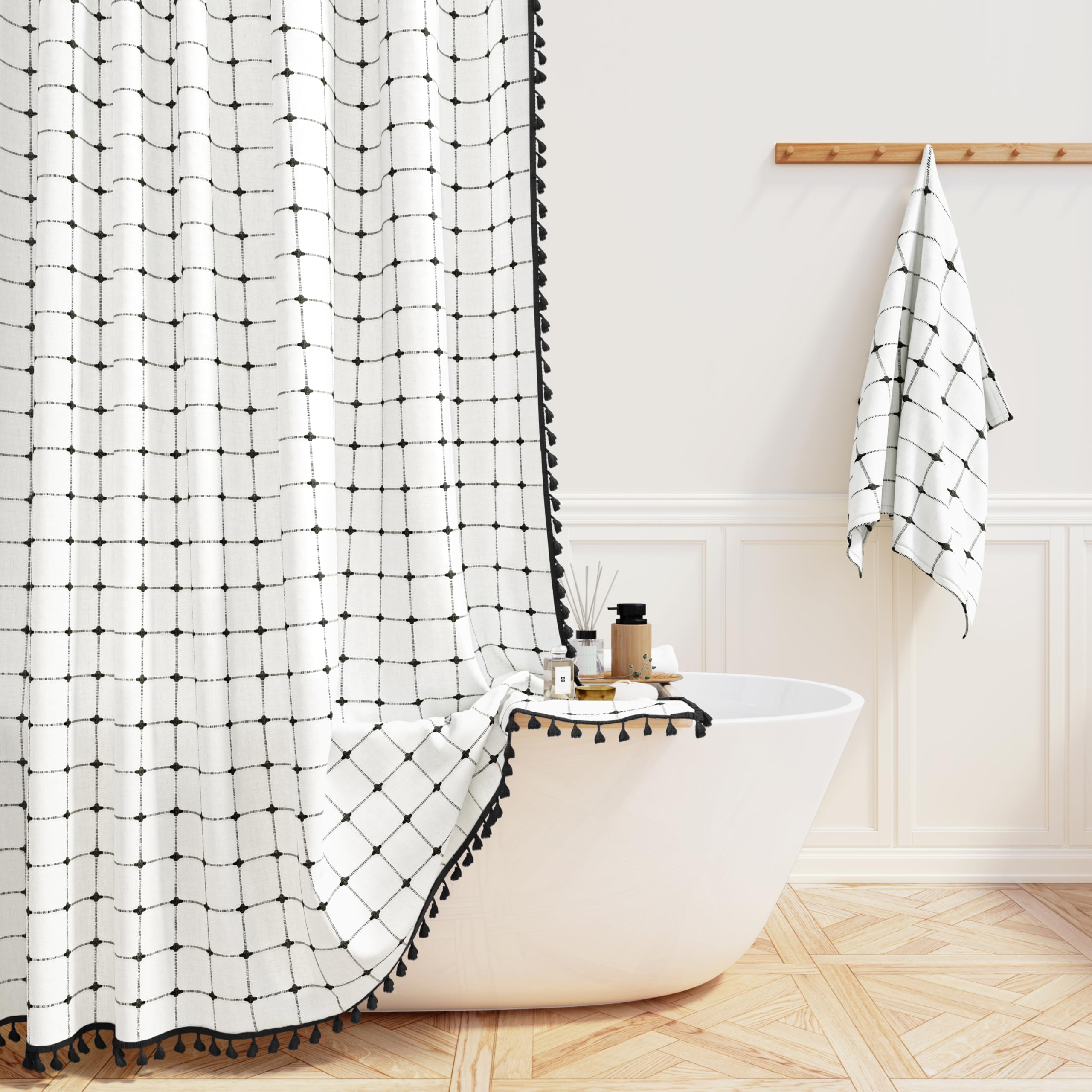 BTTN 60x72 Boho Farmhouse Linen Heavy Duty Shower Curtain, White and Black