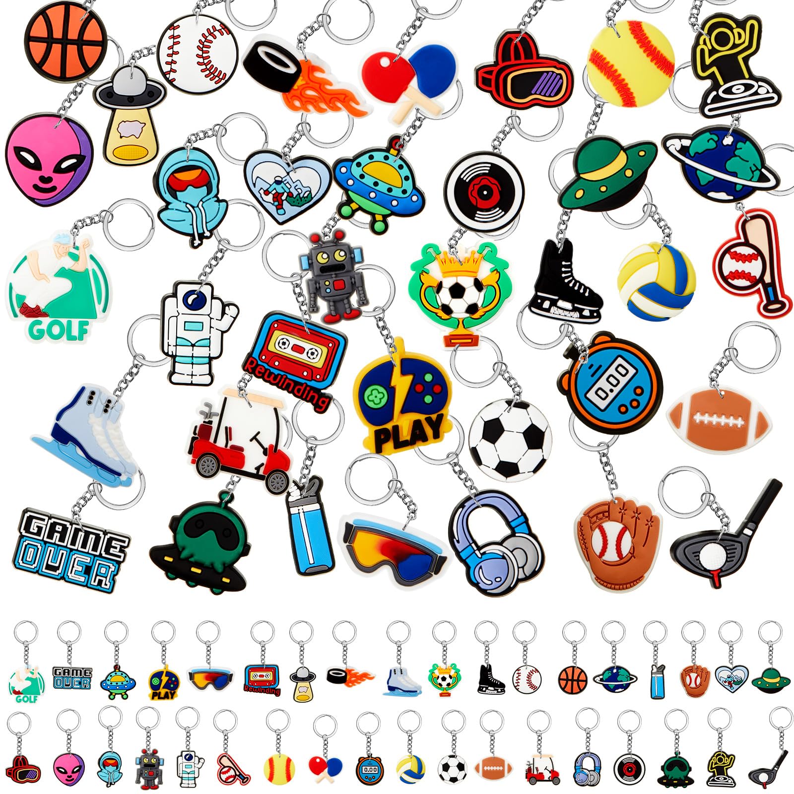 Batiyeer 36 Pack Funny Sports Valentines Keychains Bulk Soccer Party Favor Gifts Game Baseball Alien Robot Key Chains Goodie Bag Stuffers for Birthday