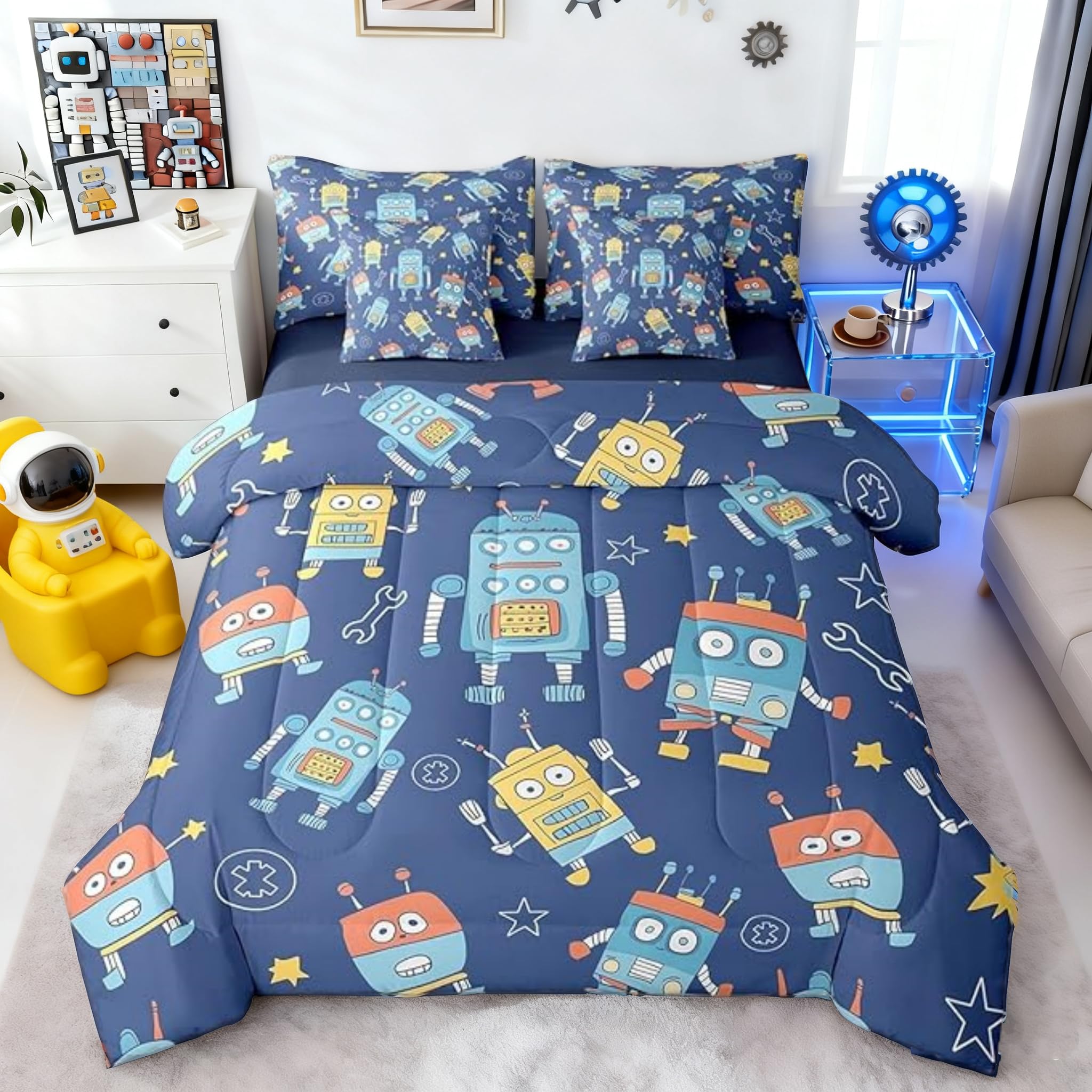 Castle Fairy 7 Pieces Twin Size Colorful Robot Comforter Set,Modern Cartoon Robots Bedding Set for Kids Room Decor,Funny Outer Space (Comforter+Fitted