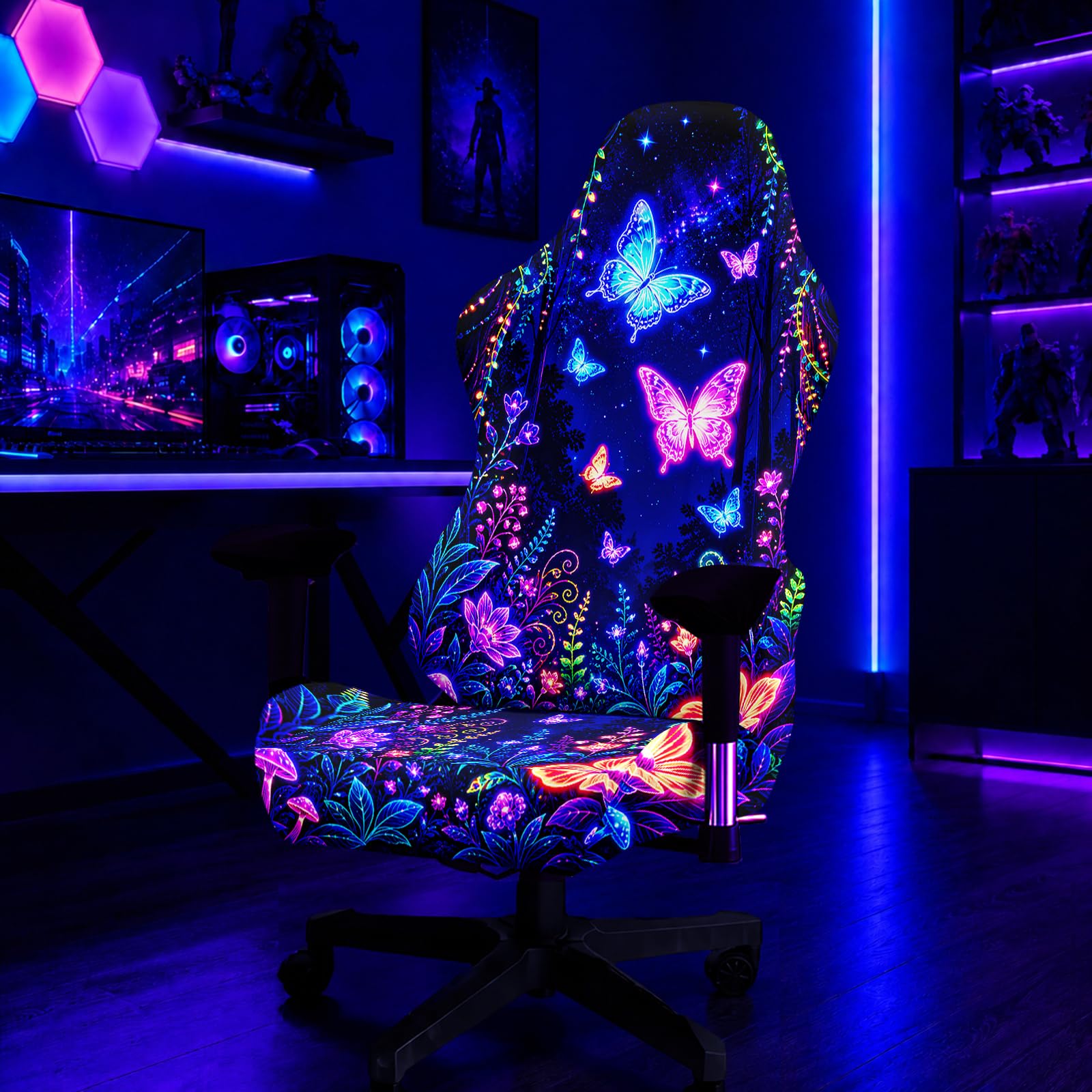 Simpkeely Blacklight Floral Butterfly Gaming Chair Cover
