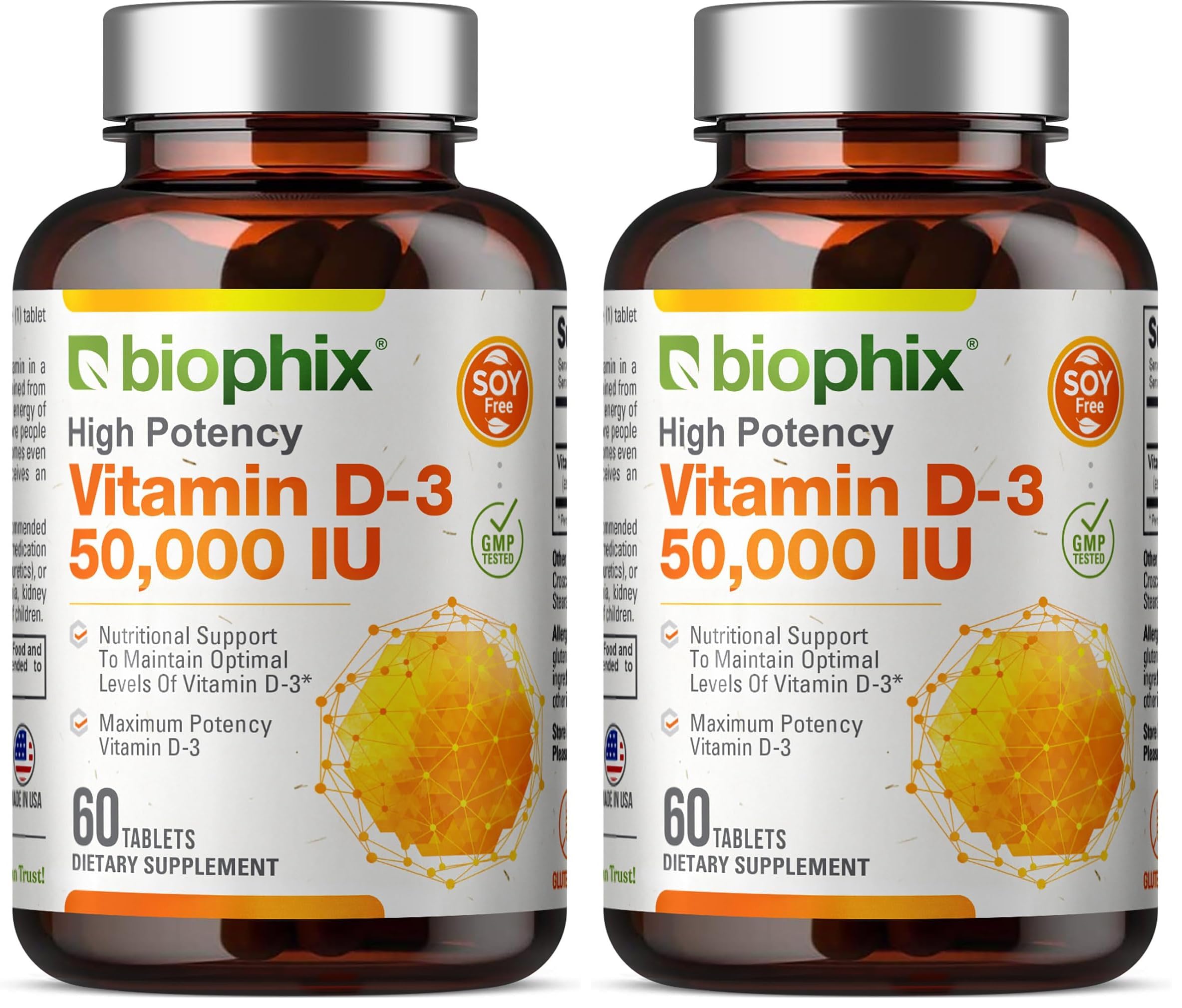 biophix Vitamin D-3 50000 IU 60 Tablets - High-Potency Supports Strong Bones Immune Health (Pack of 2) 60 Count (Pack of 2)
