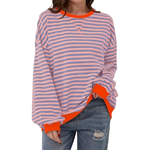 Women Striped Oversized Sweatshirt Color Block Crew Neck Long Sleeve Shirt Casual Pullover Top Fall Y2K Clothes