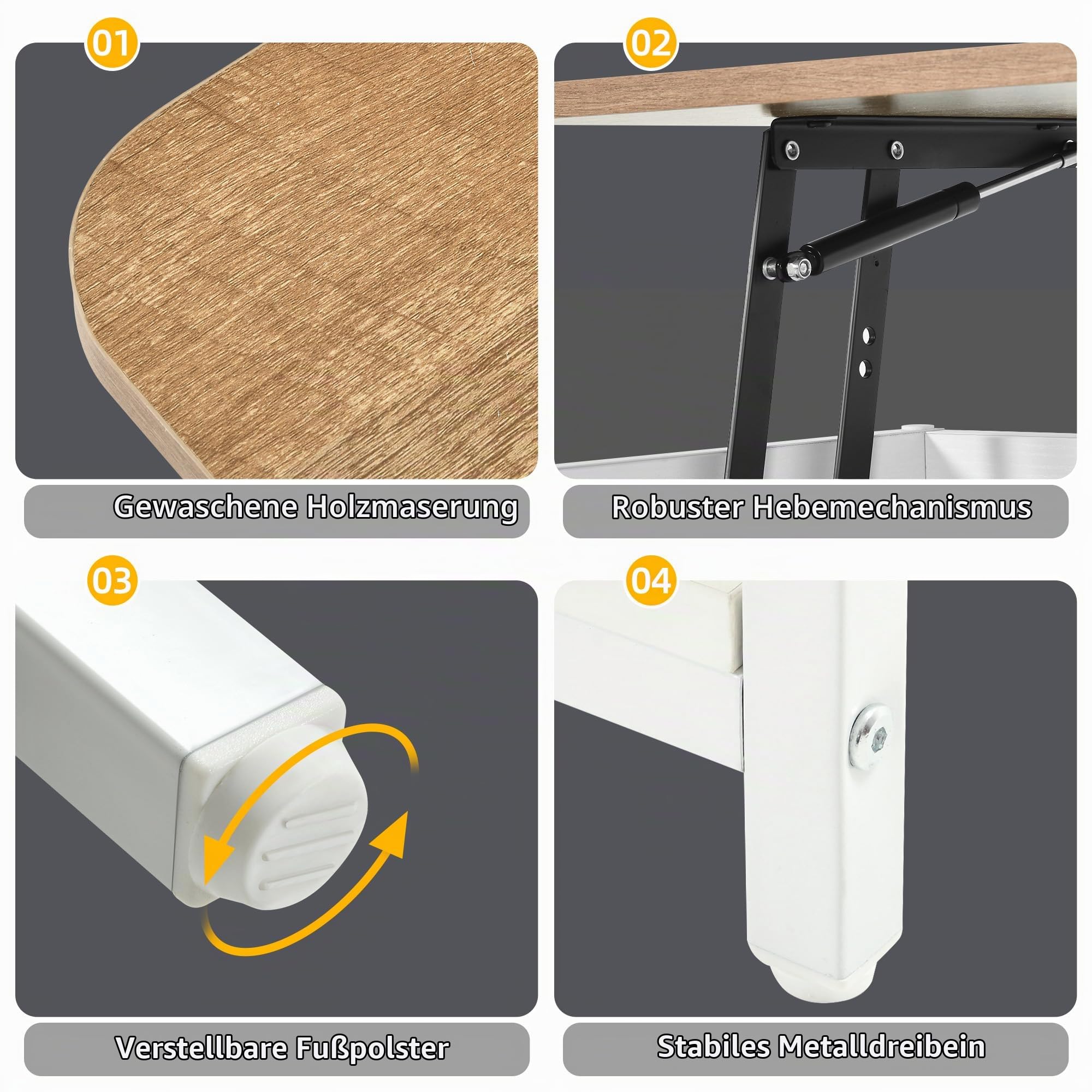 DWVO Wohnzimmertisch Höhenverstellbar mit Steckdose und 16-farbigem LED-Lichtstreifen, Couchtisch mit Verstecktem Stauraum für Wohnzimmer, Schlafzimmer und Büro, 100x50x(49-63.5) cm
