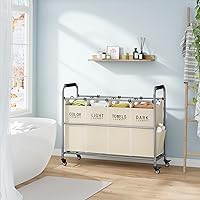 Vista 6 de Tajsoon Carrito clasificador de ropa sucia de 4 bolsas, clasificador de cestas de lavandería de 4 secciones con ruedas enrollables resistentes