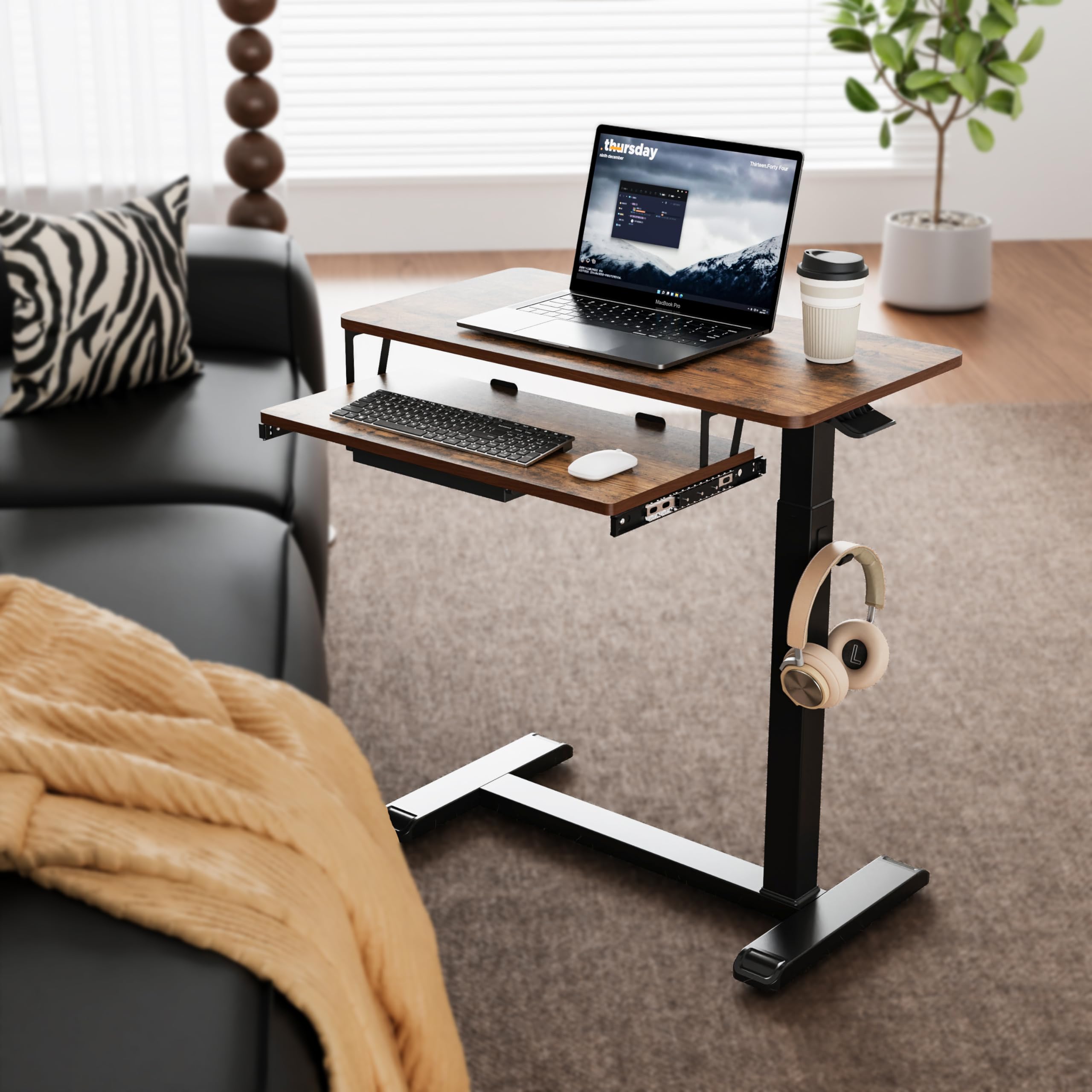ETHU Station de Travail Informatique Mobile à Deux Niveaux 77×45 cm avec 4 roulettes, Support Ordinateur Portable sur Roues, Bureau Debout Réglable en Hauteur, Table d'Appoint pour Salon, Chambre