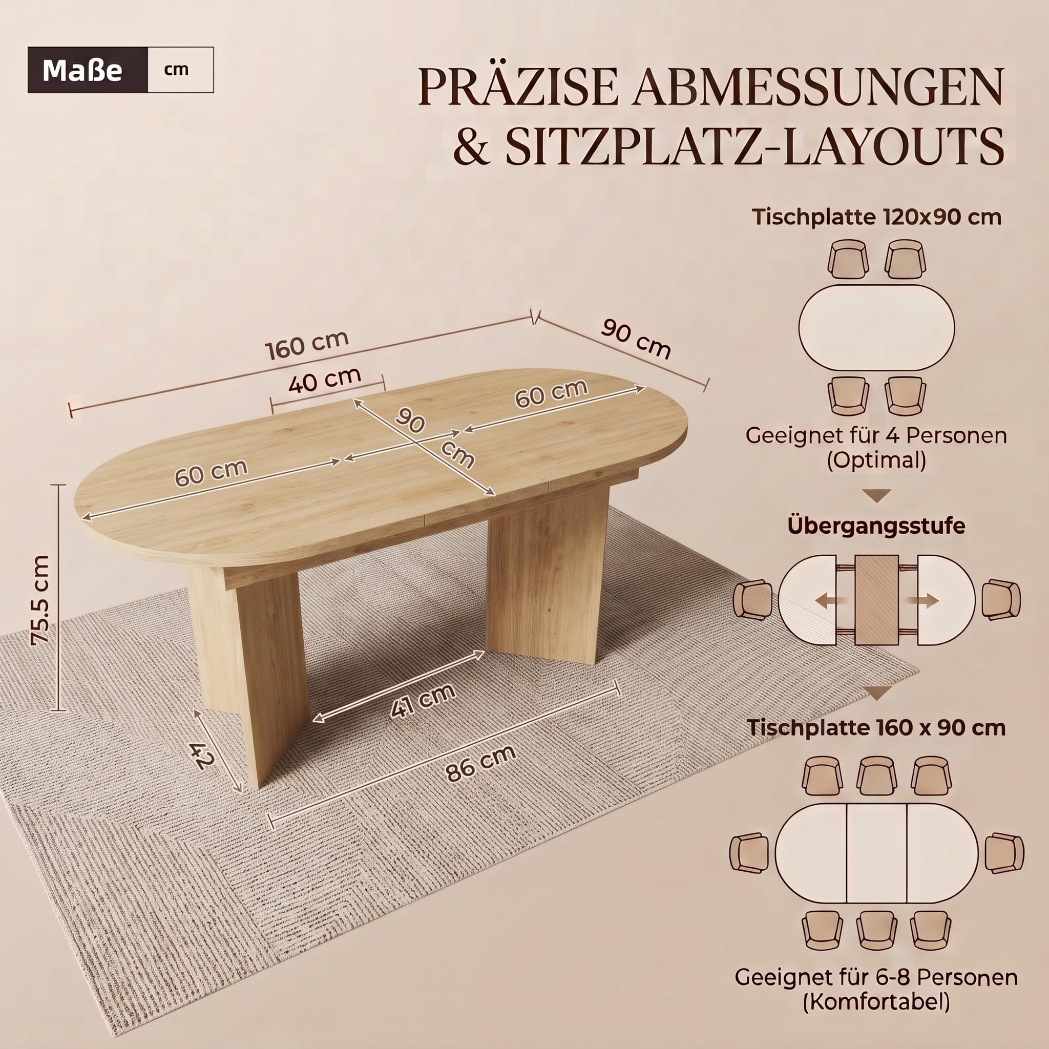 Stół do jadalni wysuwany dla 6-8 osób, 120-160 cm, drewniany stół kuchenny, stół do jadalni, owalny z funkcją teleskopową, pogrubiony blat, do kuchni, jadalni i salonu (kolor dębu, 120-160 x 80 x 75