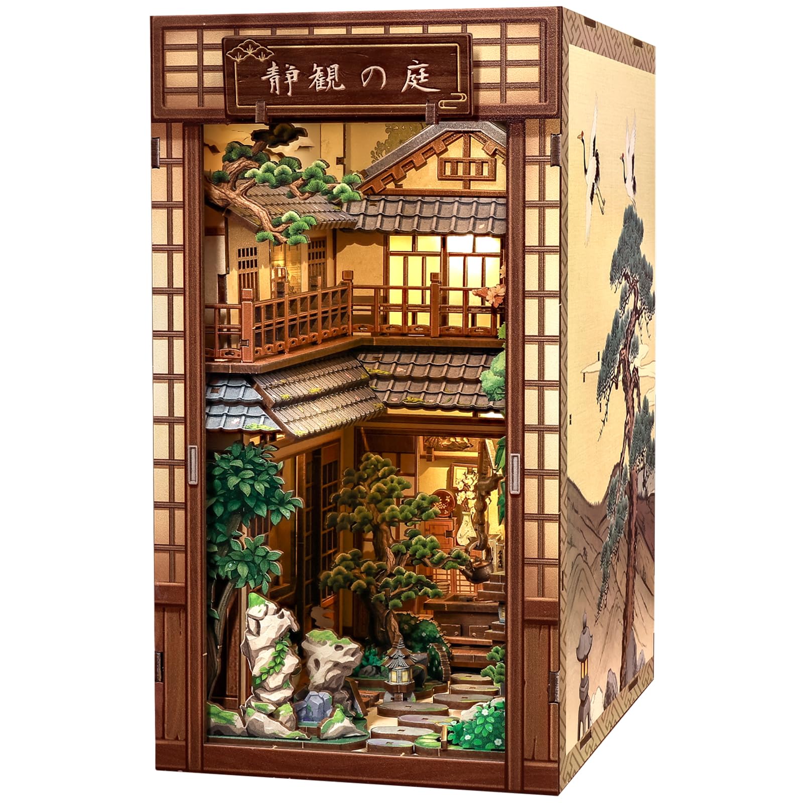 Fsolis Zestaw Book Nook Miniaturowy domek dla lalek - drewniane puzzle 3D dla dorosłych, dekoracja regału i prezent dla entuzjastów majsterkowania (ogród spokoju)