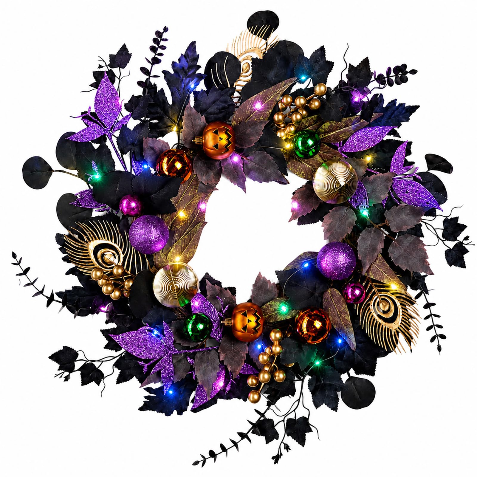 22-Inch Black and Purple Halloween Wreath for Front Door with Light String | A dried-vine base, gold accents and pumpkin faces add gothic mood to walls, entryways and parties; DIY multicolor lights