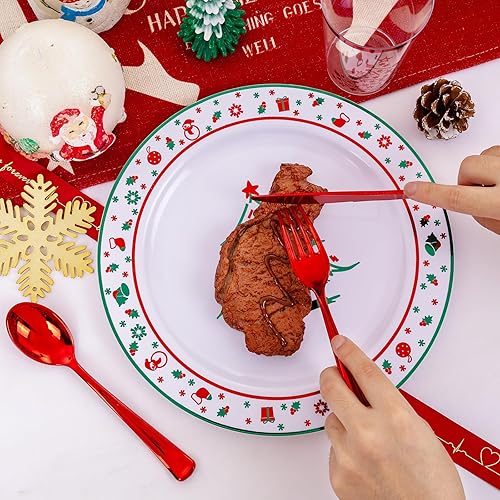 Miniatura 35 de LIYH 150 Pcs Plastic Christmas Dinnerware Set, Red Plastic Dinner Dessert Disposable Plates, Gold Silverware, Red Christmas Disposable Cups 10 OZ
