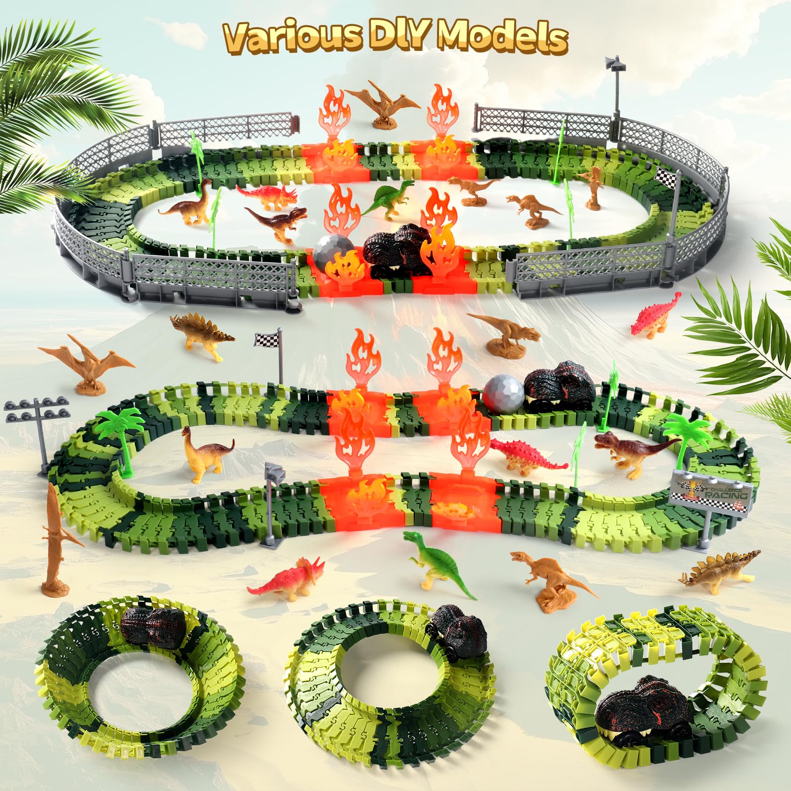 Circuit Voiture Enfant - Jouet Enfant 3 4 Ans Voiture Éducatif Dinosaure Flexible Tracks Dinosaure Circuit Cars de Piste 96 Pièces, Jouet Garçon 3 4 Ans Cadeau Garcon Fille 3 4 5 6 Ans