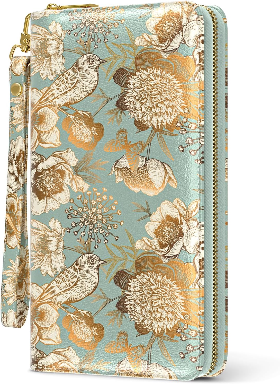 Nipichsha Womens Wallet, RFID Wristlet Wallet for Women, Cute Ladies Purse, Large Credit Card Clutch Purse, Leather Card Holder Wallets with Zipper & Phone Holder, Blooming Flowers