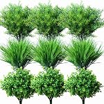 18PCS Outdoor Artificial Flowers Plants UV Resistant Bulk Fake Bushes Grass Mums Outside Faux Plastic Greenery Shrubs Arrangement for Front Porch Window Box Planter Hanging Basket Garden Wedding