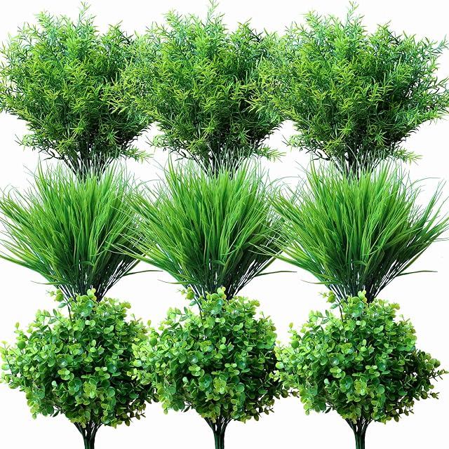 18PCS Fleurs artificielles extérieures Plantes UV Résistant Bulk Fausses Bushes Grass mamans Extérieur Faux Greenery Arrangement pour Front Porch Fenêtre Box Planter Suspension Panier Jardin Mariage