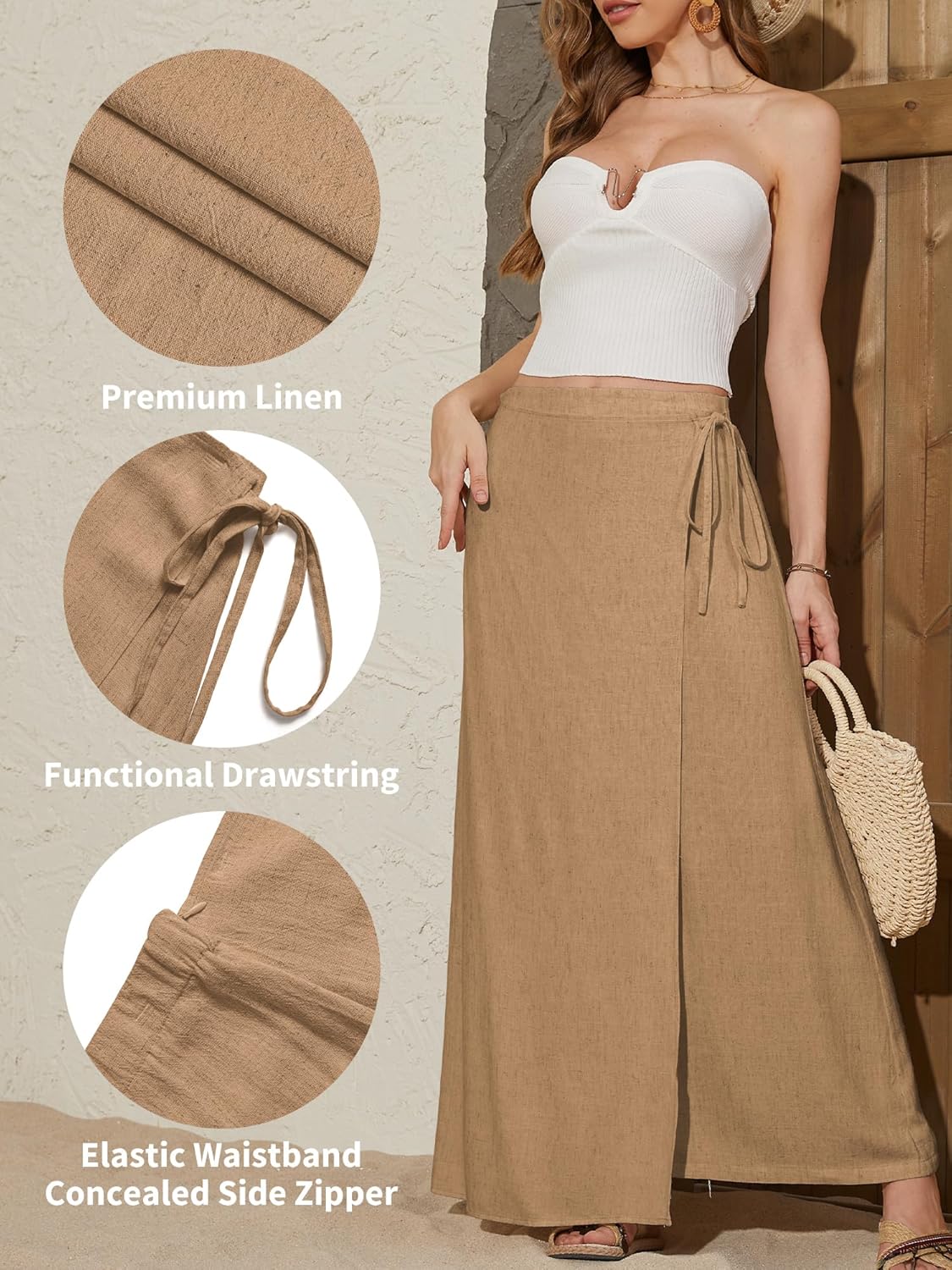 ELLEVEN Linen Wrap Maxi Skirt Elastic Back Waistband Flowy A Line Summer Casual Long Skirt