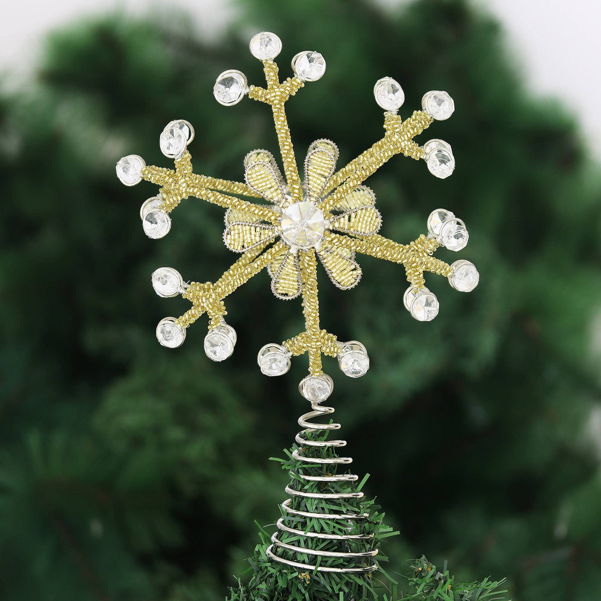 Snowflake Christmas Tree Topper - Silver Stainless-Steel - Heavy - Metal Coil - Treetop Holiday Decorations - Hallow Middle - Decorative Beads Glimmering Rhinestone