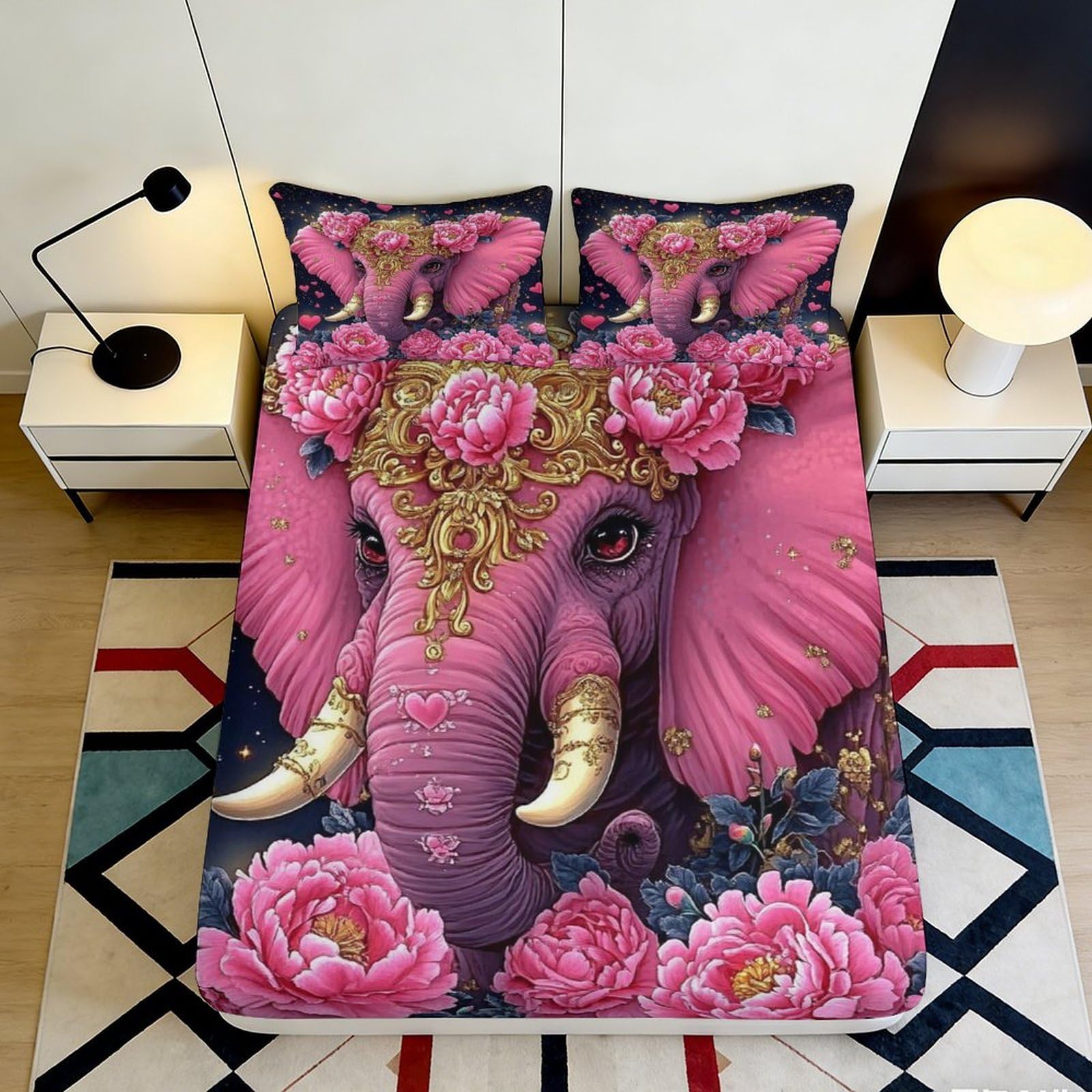 3D Printed Elephant Floral Fitted Sheet Microfiber Deep Pocket Bedroom Bedding Elephant Mattress Fitted Cover Elastic 200x200x25cm 90x200x25cm