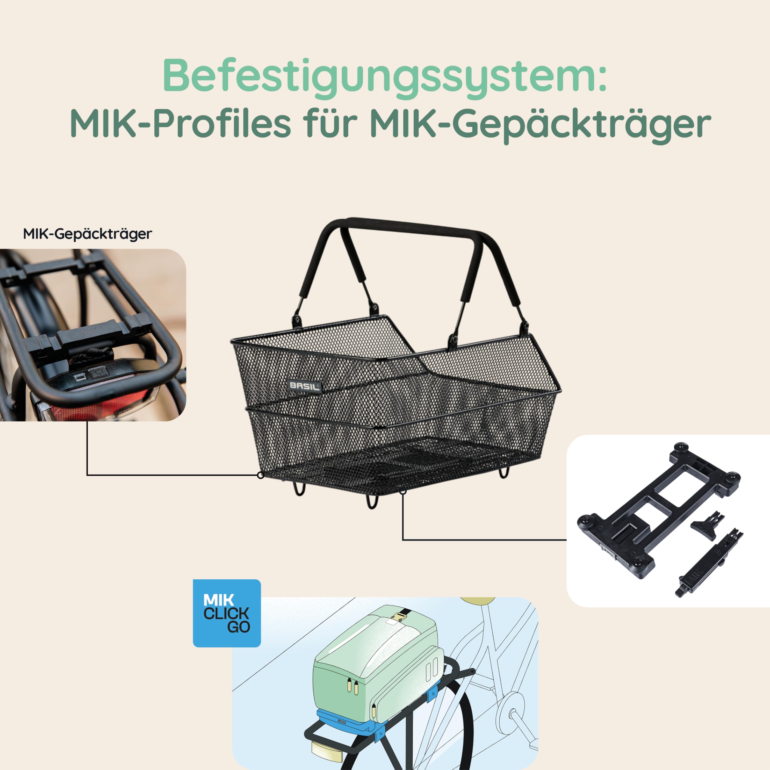 Basil Cento MIK Panier de vélo Noir – Système MIK verrouillable avec système MIK résistant aux intempéries, Robuste, Volume de 21 litres, idéal pour Le Porte-Bagages et l'utilisation Quotidienne
