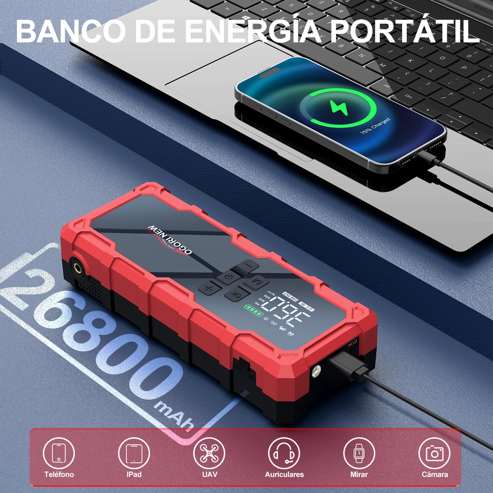 Arrancador de Coche 8000A,Arrancador de Baterias para Coche 12V con Compresor Aire Portatil(para 10L de Gasolina o 8L de Diésel),Jump Starter con Pinzas de Seguridad Inteligentes/luz LED