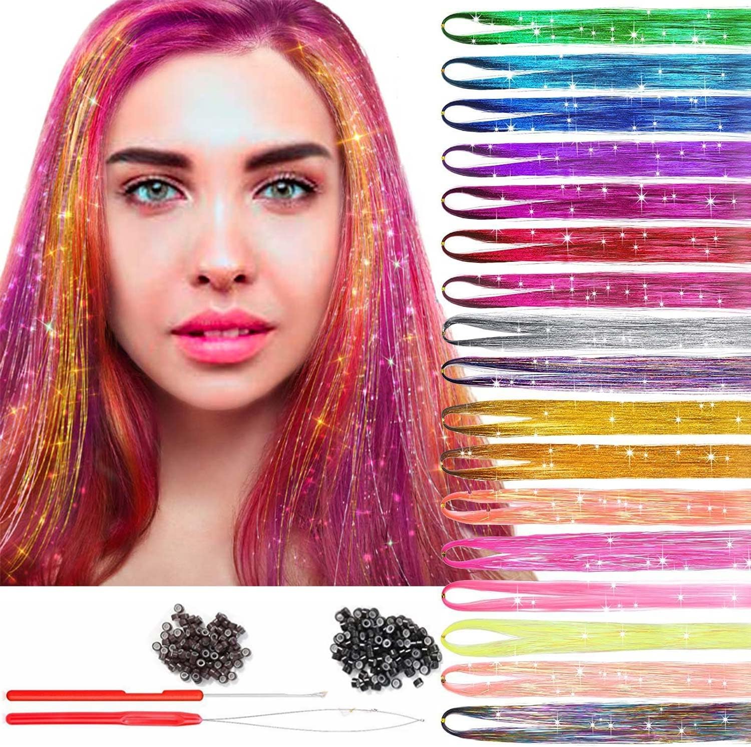 Hair Tinsel Extensions Kit，17 Color Rainbow Glitter Hair Extensions Party Highlights Accessories