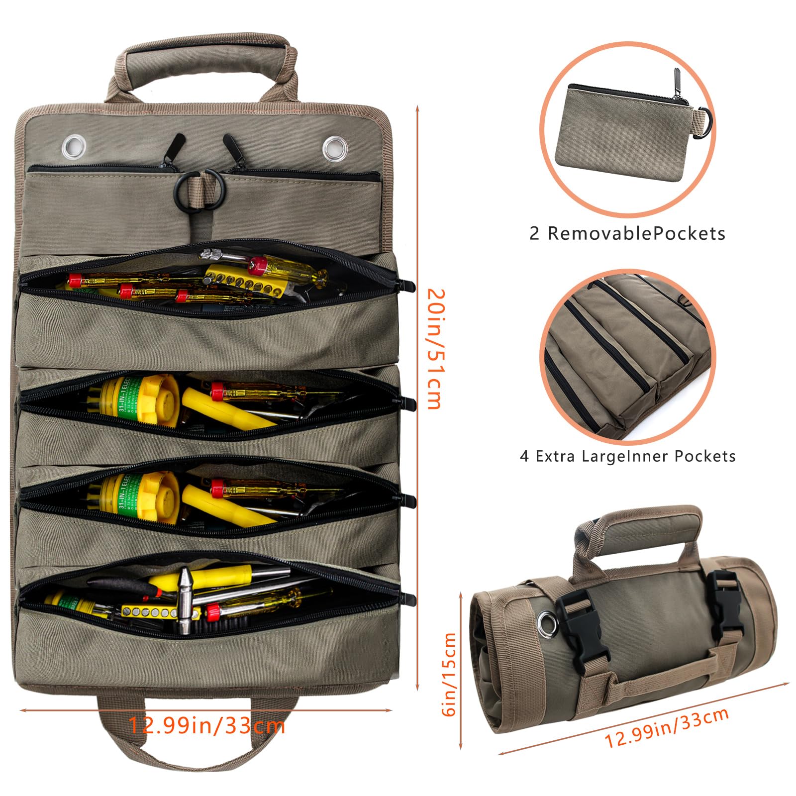 Boshiho Tool Bag Roll Bag Empty Canvas Tool Roll Bag, Professional Multi-Purpose Tool Roll Bag with 6 Zip Pockets - Image 2