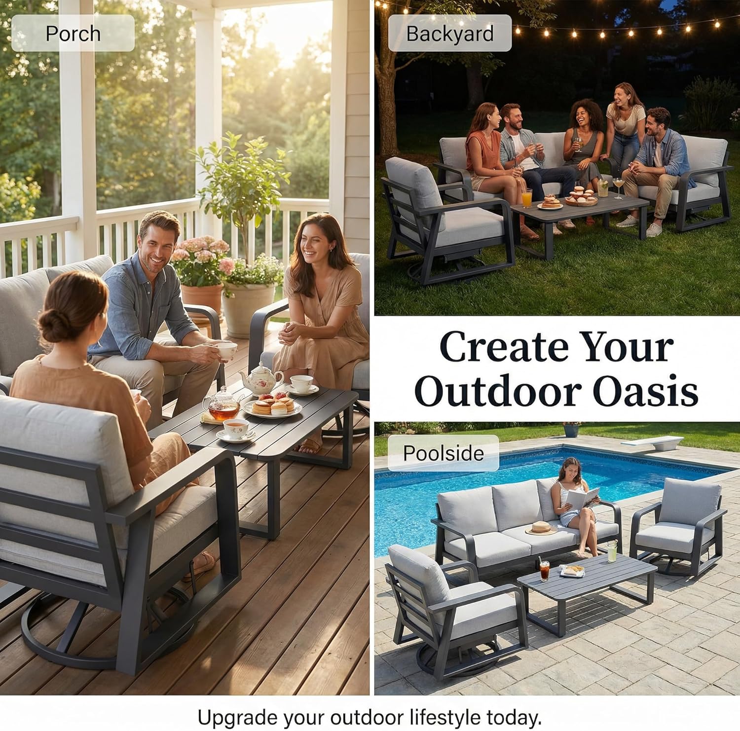 Aluminum Outdoor Patio Furniture Set, 4 Piece Patio Conversation Set with 3 Seat Sofa, 2 Swivel Rocking Chairs and Coffee Table, Washable Thick Cushions for Porch, Backyard, Dark Gray