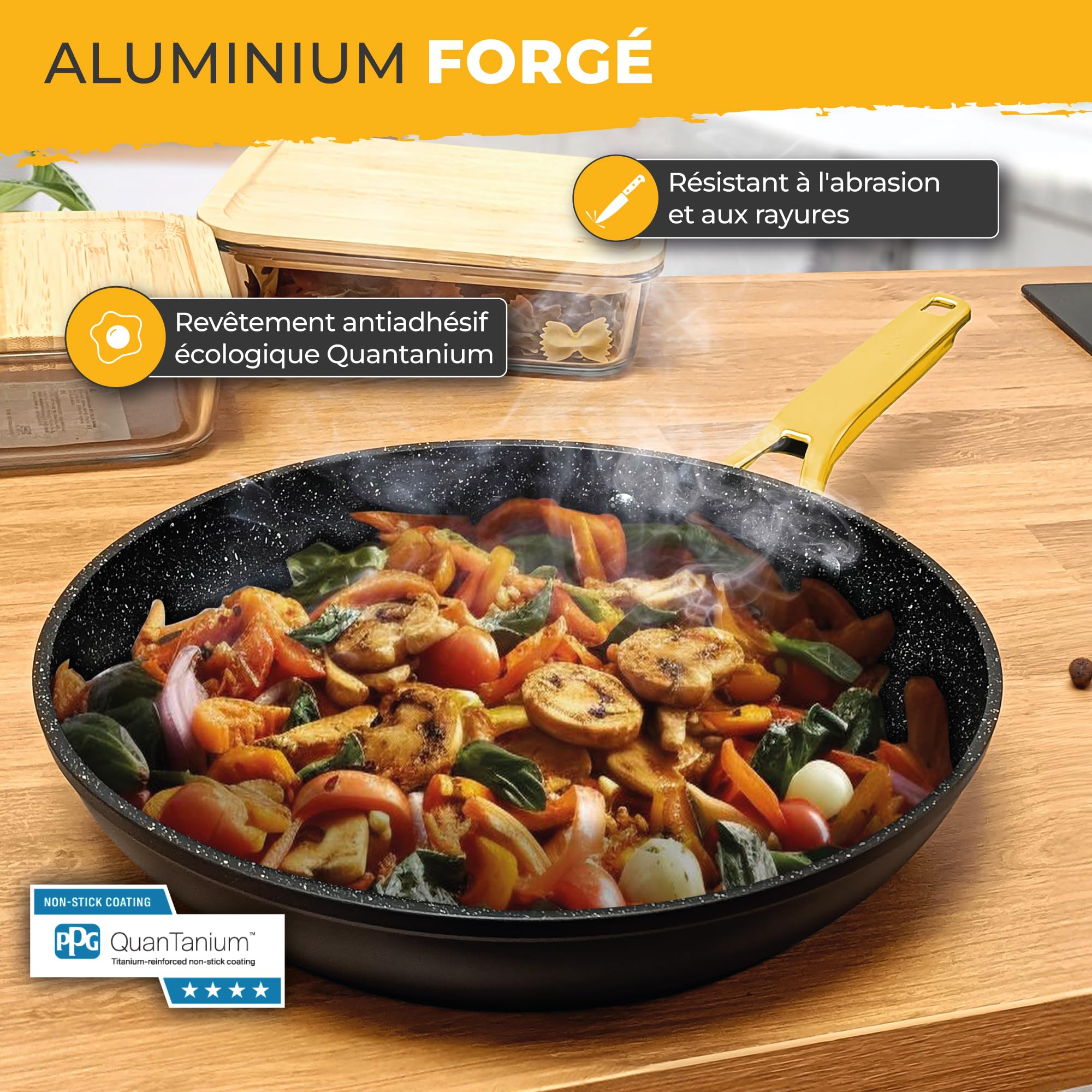 briebe Gold Titanium Set de 3 Poêles Induction, Antiadhésives Titane 18-20-24cm, Aluminium Forgé, Revêtement sans PFOA, Manche Professionnel Acier Inox, Vitrocéramique, Gaz, 3 Protecteurs