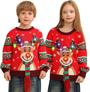 Ugly Christmas Sweater Women Men,Light Up Christmas Sweater for Couples,Funny Cute Reindeer LED Xmas Tacky Sweaters
