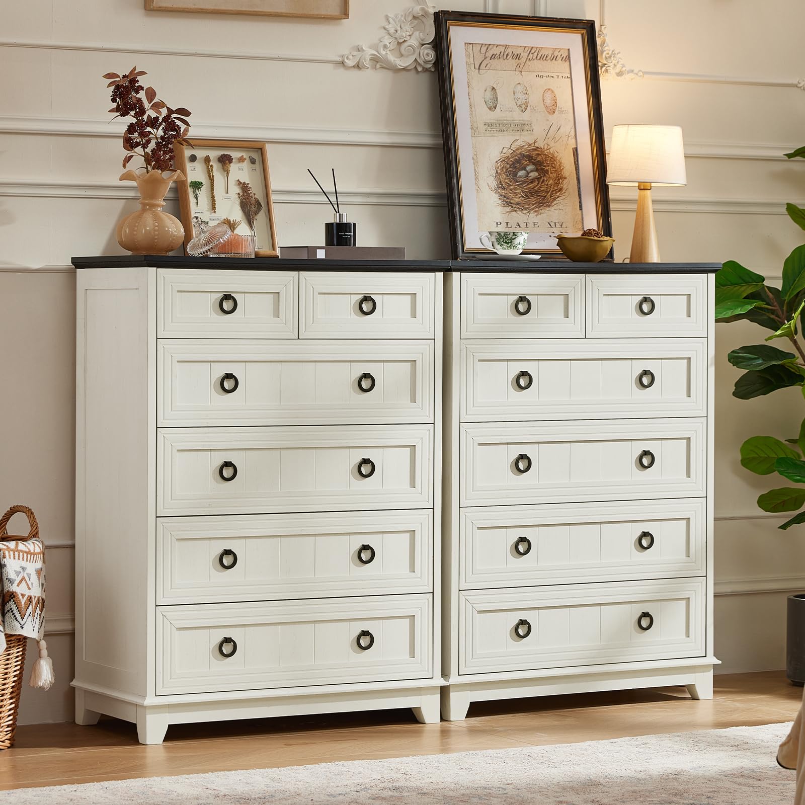 Joaxswe Farmhouse 6 Drawer Dresser Set of 2 in White