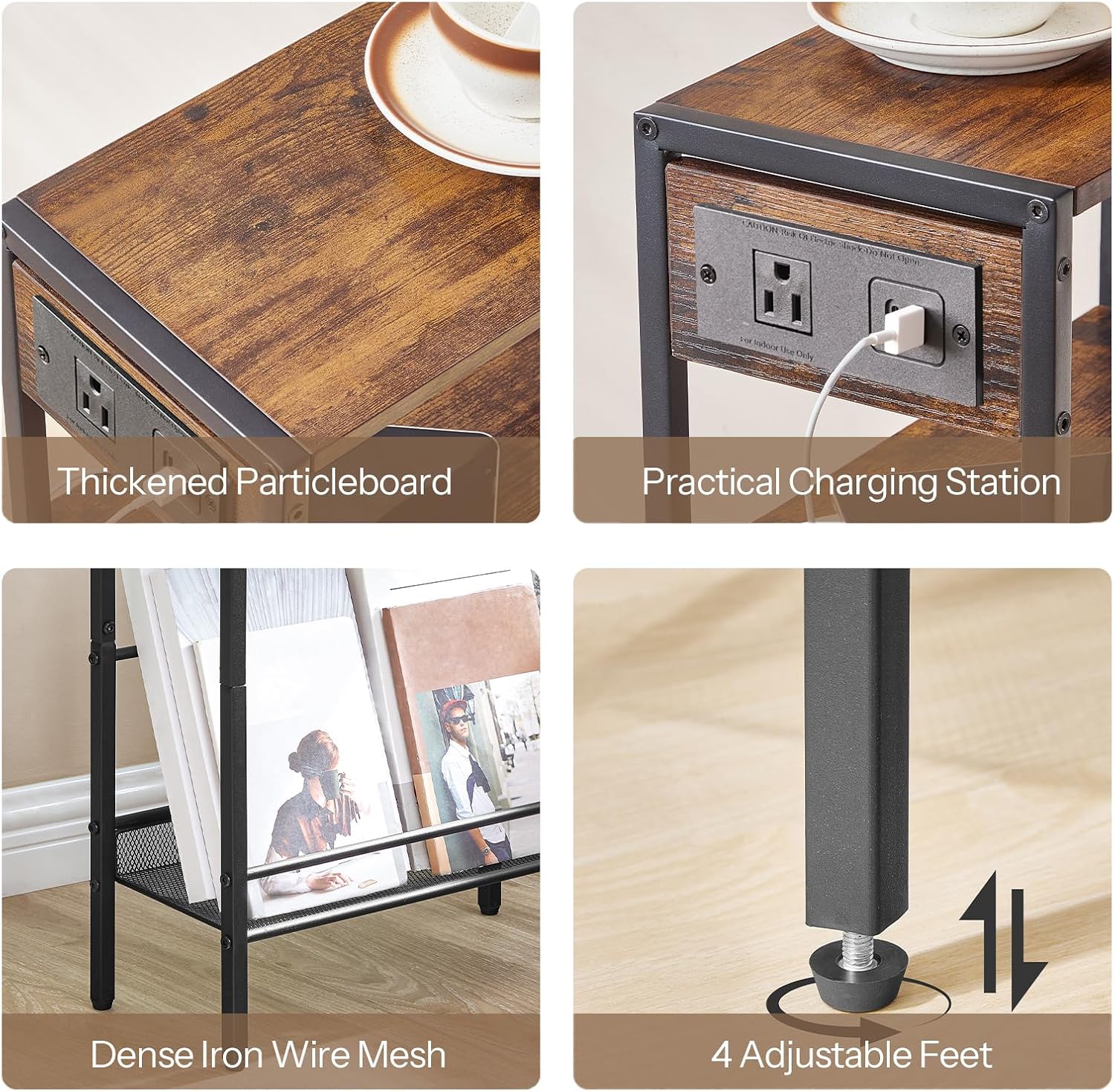 HOOBRO 15.7" Narrow Console Table with Charging Station, 3 Tier Entryway Table for Small Space, Behind Couch Table, Sofa Table, for Entryway, Hallway, Living Room, Rustic Brown and Black BF42UXG01