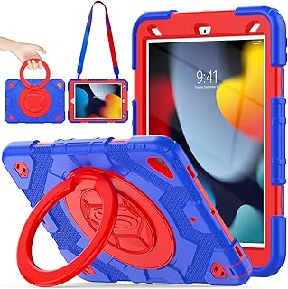 SEYMAC stock Case for iPad 9th/8th/7th Generation 2021/2020/2019, [Full-Body][Shock Proof] Protective Case with 360 Degree Handle Ring Folding Stand for iPad 9th/8th/7th Gen 10.2 Inch (Blue+Red)
