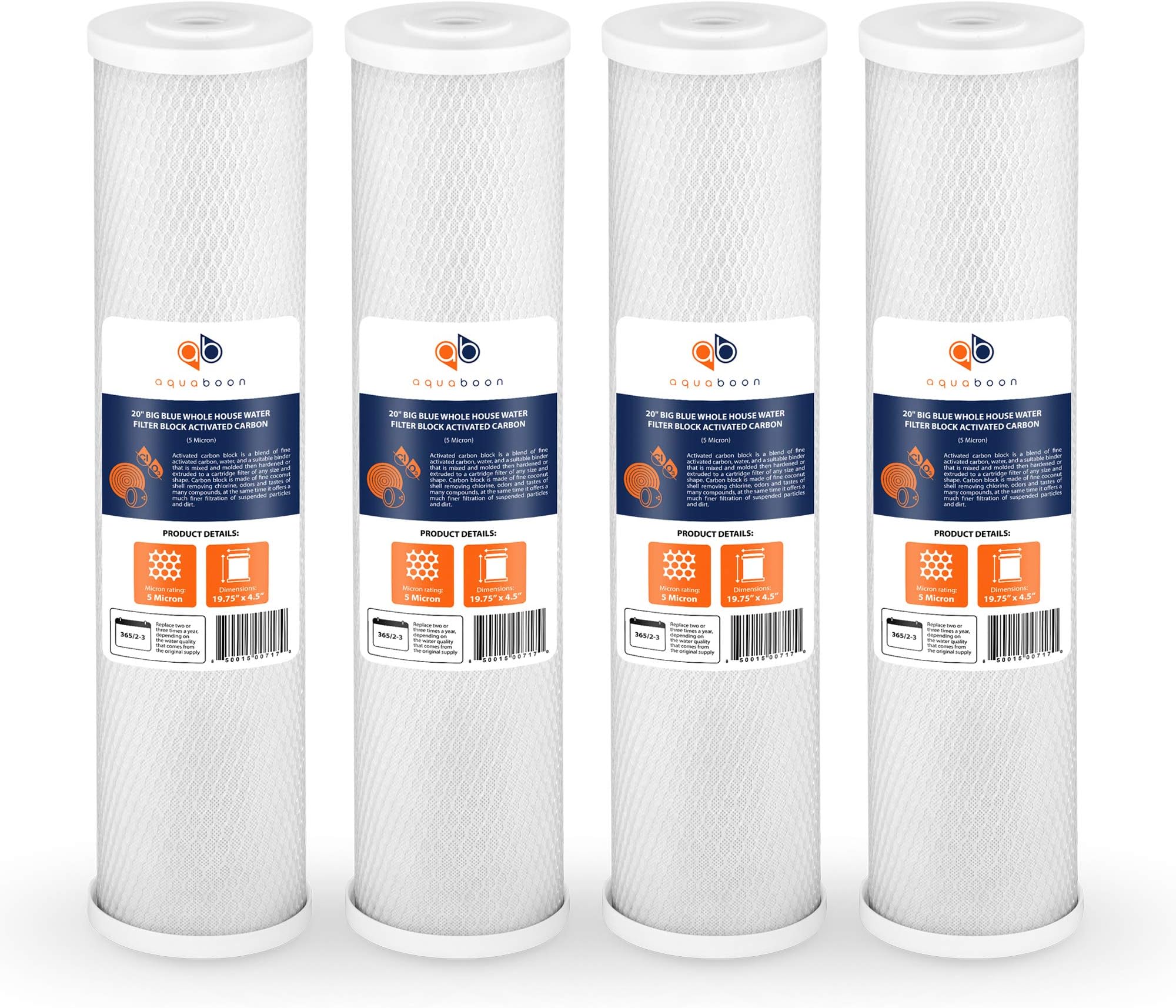 AquaboonCoconut Shell Water Filter Cartridge | Activated Carbon Block CTO | Universal Whole House 5 Micron 20 inch Cartridge | Compatible with EPM-20, CB-20, 155783-43, FC25B 4 Pack