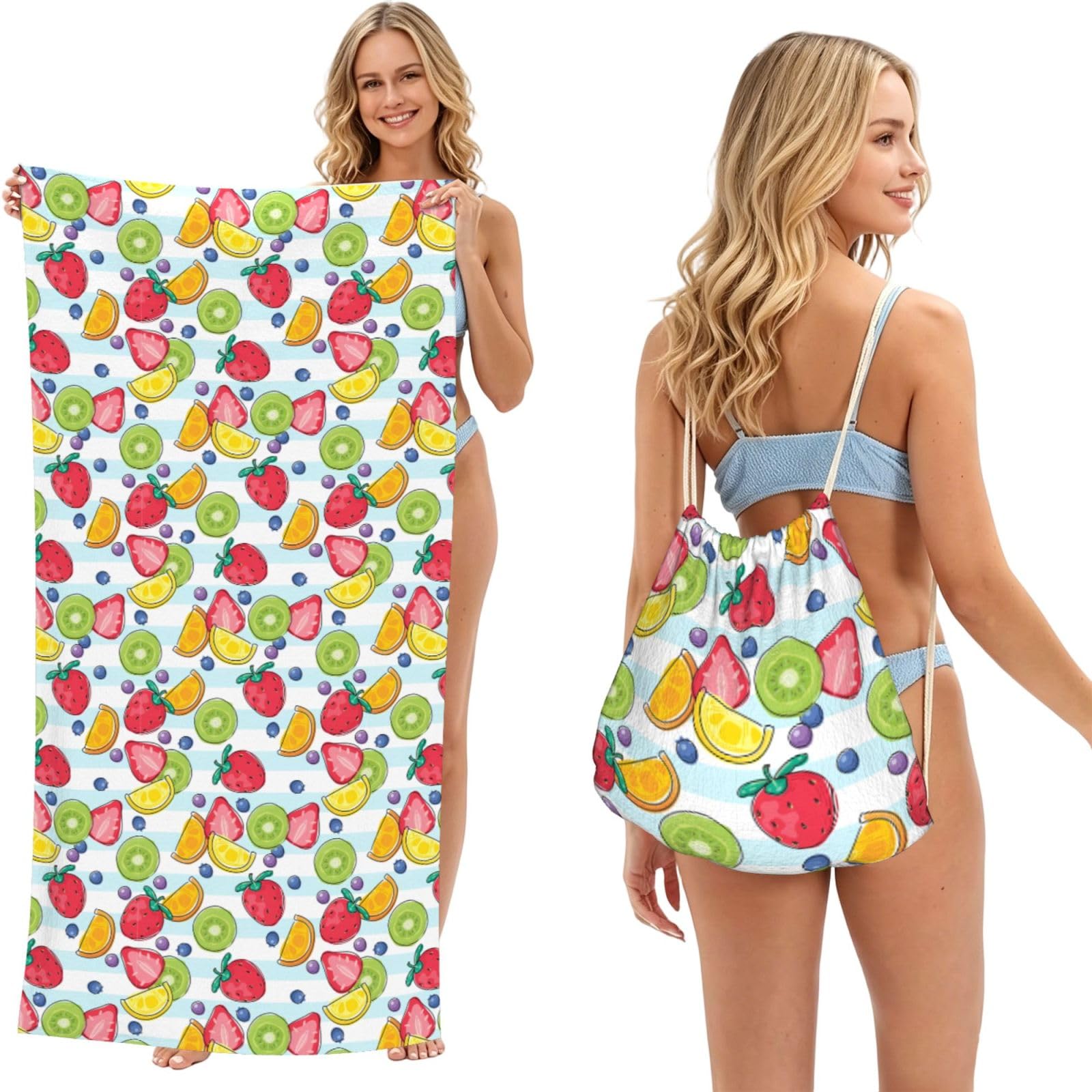 Poadnly As Picture Fresh Strawberry Orange Lemon Fruits, 2 In 1 Packable Towel Bag, Beach Towels With Drawstring Backpack For Travel Holiday Camping