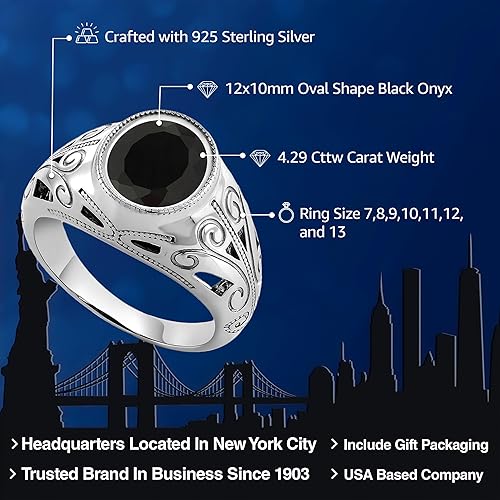 Miniatura 2 de Gem Stone King Men's 925 Sterling Silver Gemstone Birthstone Ring Oval 12X10MM Available in Size 7, 8, 9, 10, 11, 12, 13