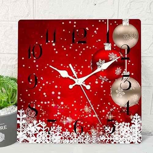 ArtSocket Reloj de pared de Navidad, silencioso, sin tictac, bolas de Navidad, copos de nieve, rojo, Año Nuevo, cuadrado, relojes de pared