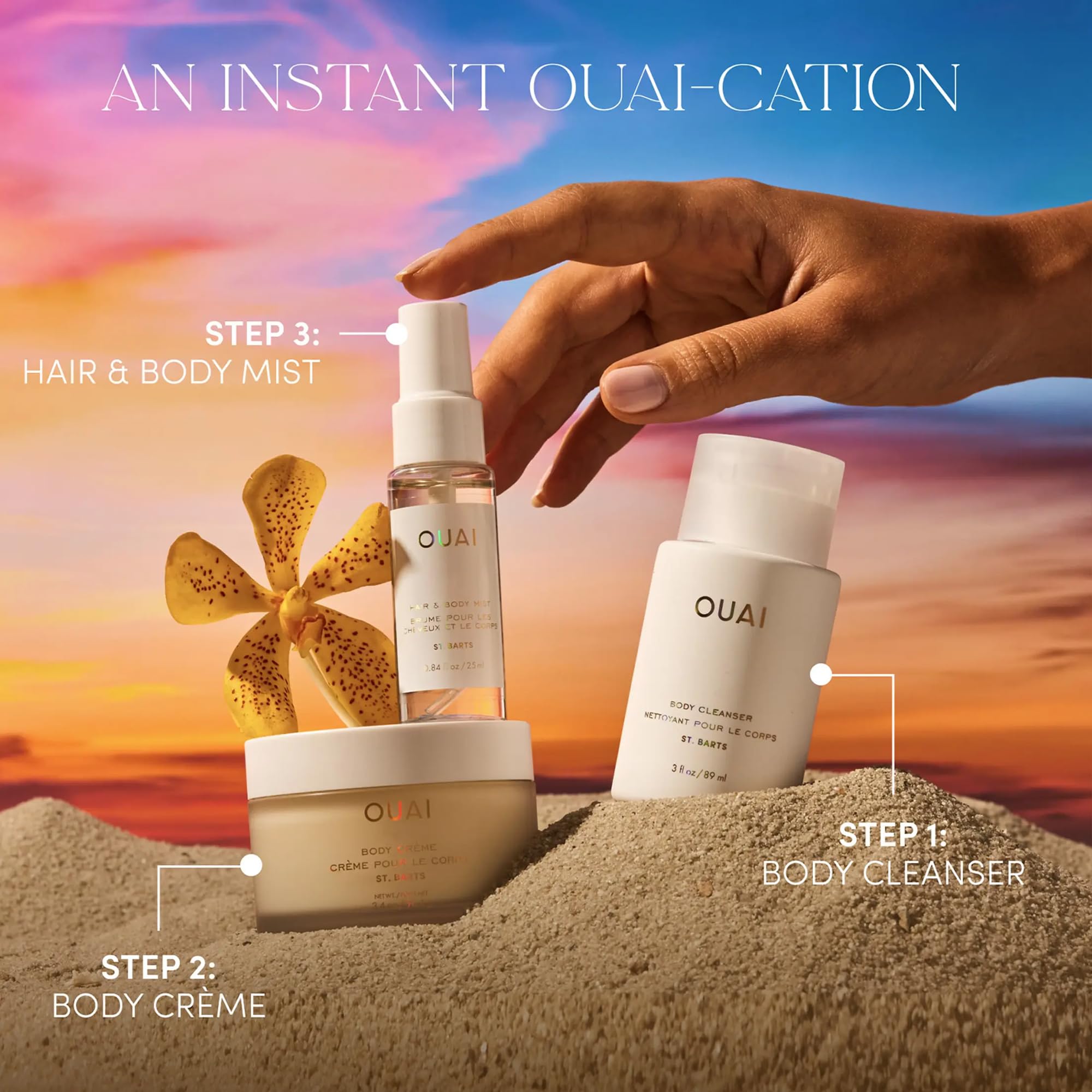OUAI Wanna Get A-OUAI Kit – Limitierte Reisegröße: Cleanser, Body Crème & Hair & Body Mist – Duft St. Barts – hydratisierend & pflegend – 3-teiliges Geschenkset