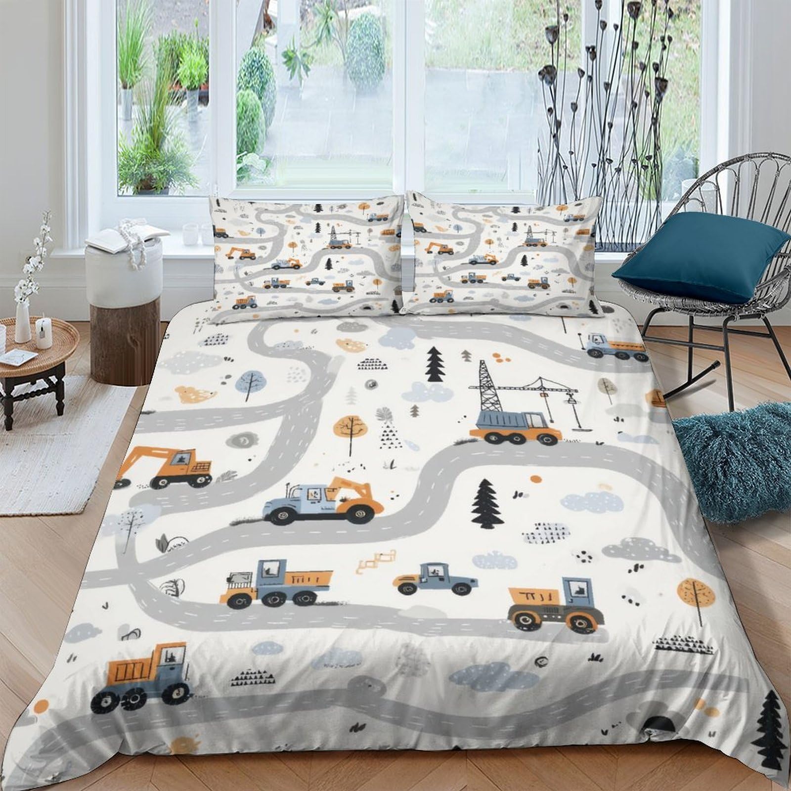 Ctjqhvkz Style-7 3D Printed Construction Truck Fitted Sheet Microfiber Soft Anti-Slip Road Map Bed Cover For Bedroom Guest Room Easy Care Single（135X200cm）