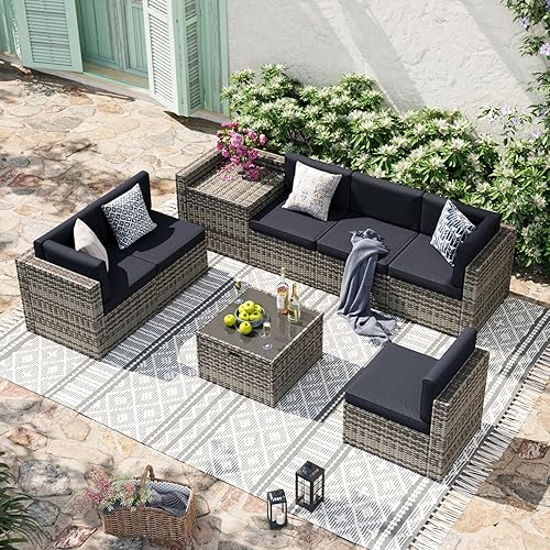 Aoxun 8 Piece Patio Furniture Set, Wicker Outdoor Furniture Set with Storage Box and Glass Top Table, Patio Sectional Set with Thickened Cushions and Include Waterproof Cover (Grey & Black)